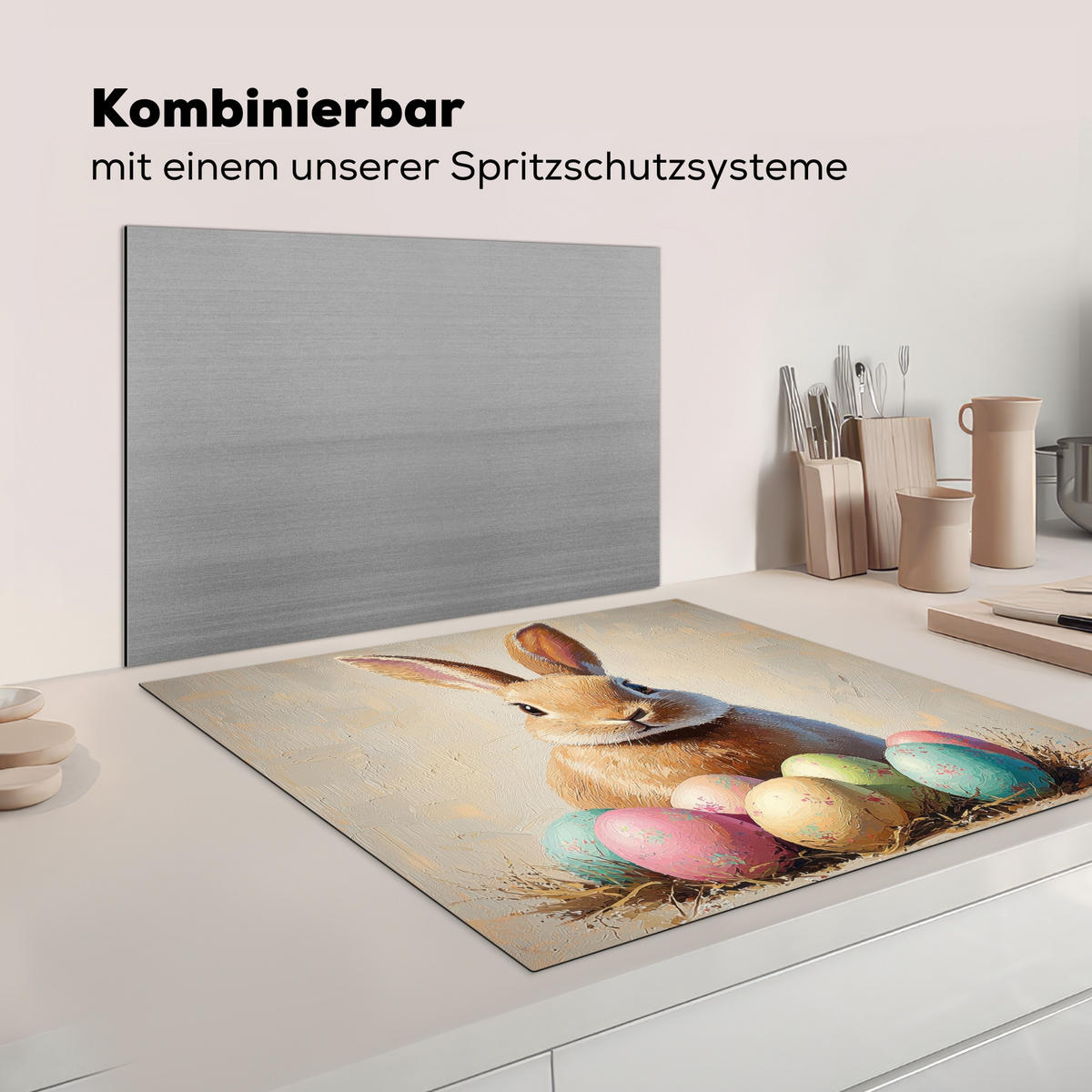 HERDABDECKPLATTE Osterhase - Pastell - Eier Induktionsmatte 78x78 cm - Beige, Kunststoff (78/78/0.2cm) - MuchoWow