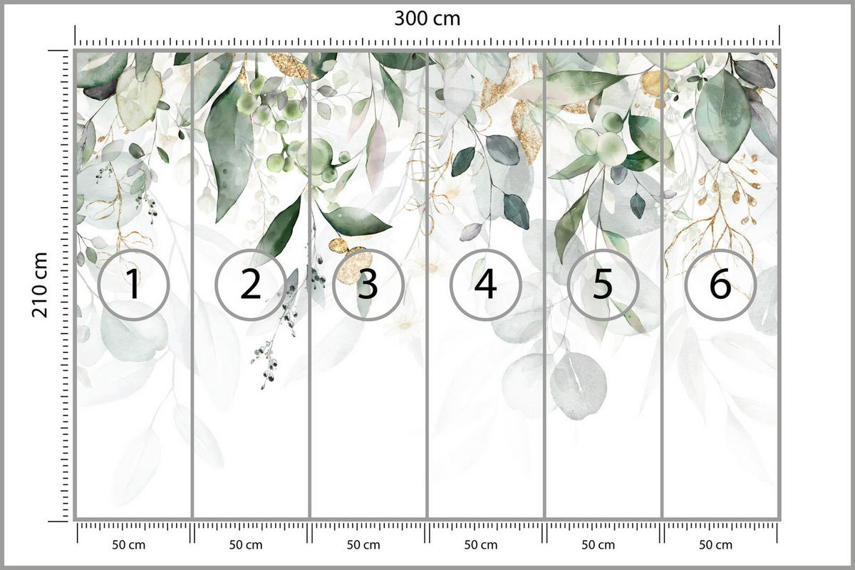 FOTOTAPETE Aquarell Blätter Pflanzen Natur 300x210 - Gelb/Beige, Papier (300/210cm) - Muralo
