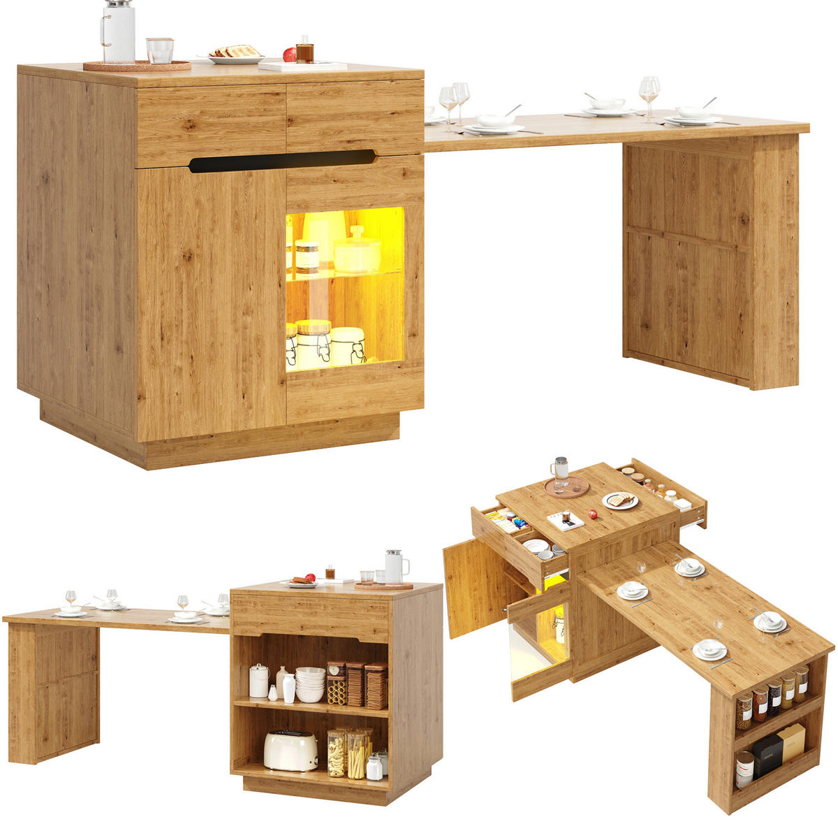 KÜCHENINSEL 122-195/70/93,5 cm Holzoptik mit ausziehbarer Tischplatte und LED aus MDF - Braun, Holzwerkstoff (122/93.5/70cm) - OKWISH