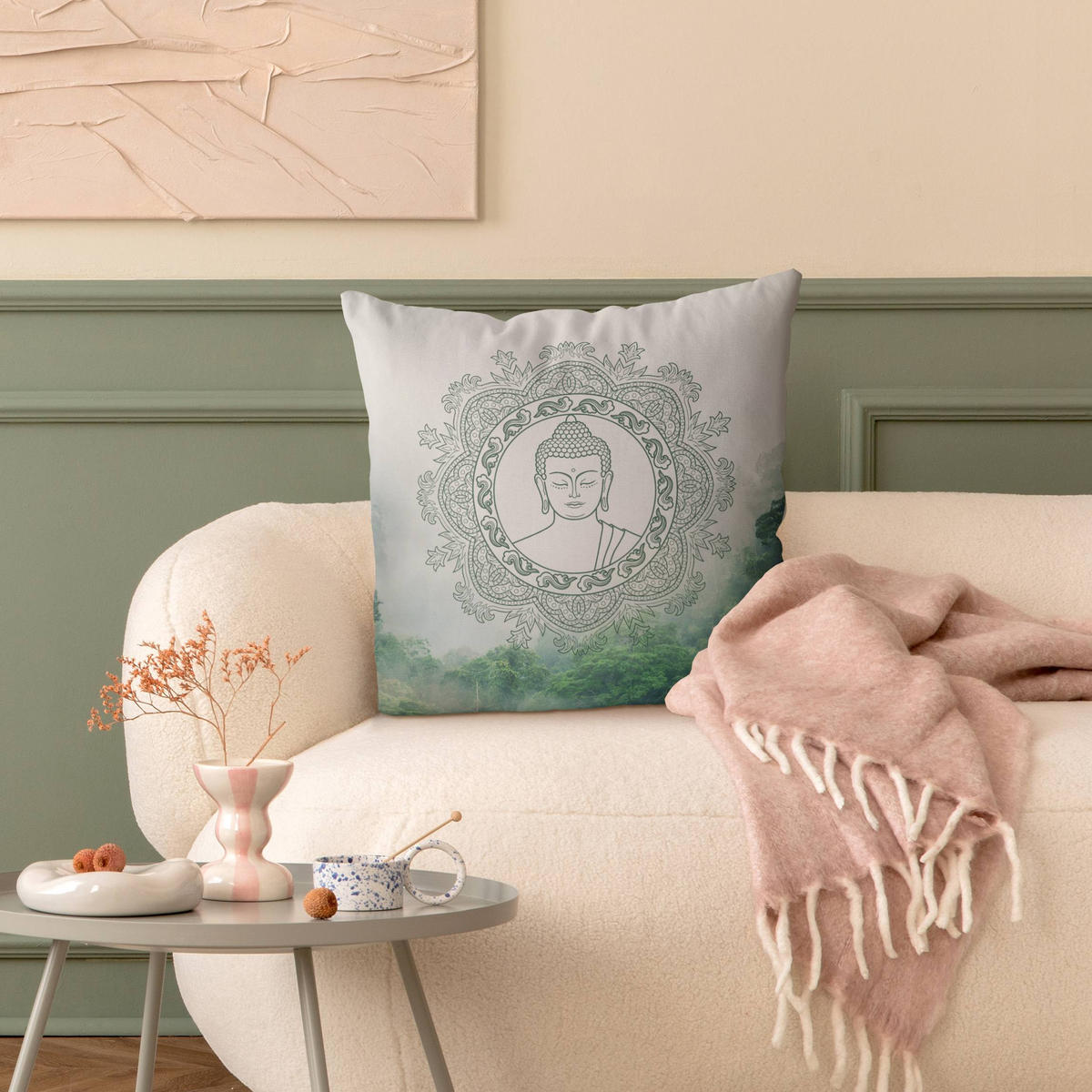 DEKOKISSEN Buddha Mandala im Nebel 50/50 cm - Grün, Textil (50/50/10cm) - Bilderwelten