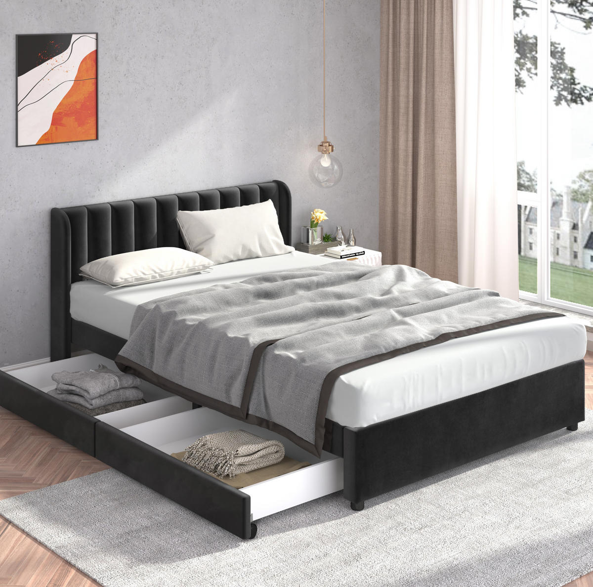 POLSTERBETT mit 2 Schubladen 140x200 cm Samt Schwarz - Schwarz, Holz (140/200cm) - Meubliv