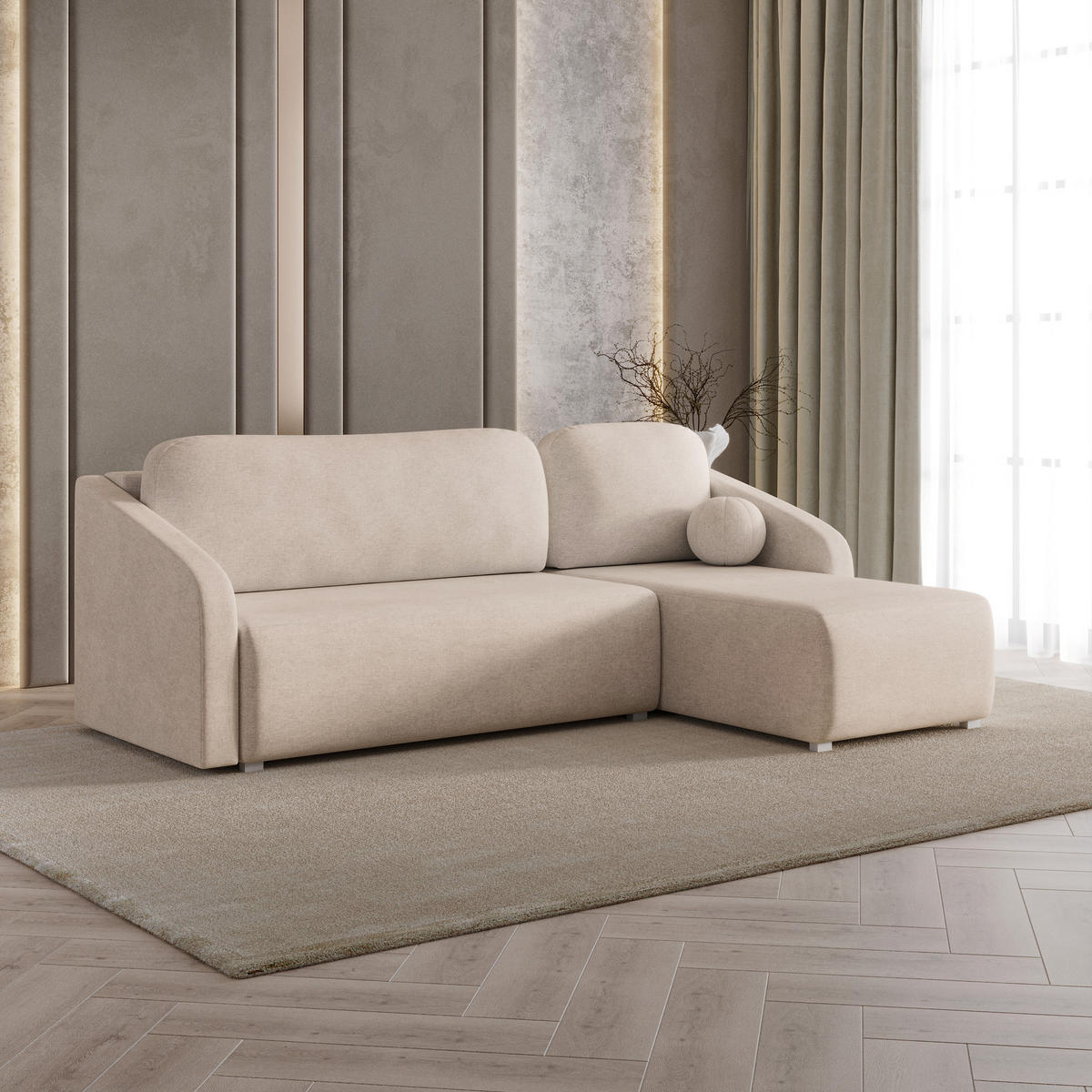 ECKSOFA MARELLO Beige Geflochtener Stoff mit Schlaffunktion - Beige, Holz (220/143cm) - MASSENO