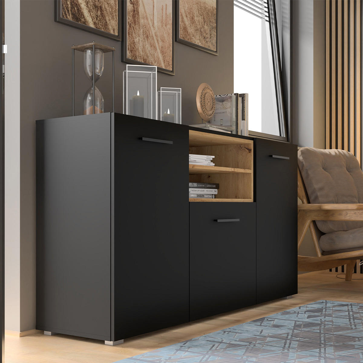 SIDEBOARD Ania Schwarz und Holz - Schwarz, Holzwerkstoff (151/86/44cm) - Petits-meubles