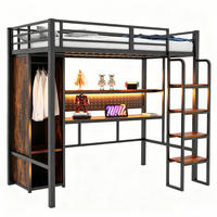 HOCHBETT 90/200 cm aus Metall und MDF mit Schreibtisch, Kleiderschrank, Regal und LED-Beleuchtung, Schwarz - Schwarz, Metall (90/200cm) - Redom