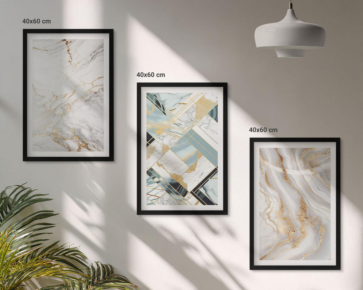 BILDER SET 3er Set - 40x60 cm Schwarzer Rahmen - Elegante Marmormuster - Schwarz, Kunststoff (40/60cm) - TULUP