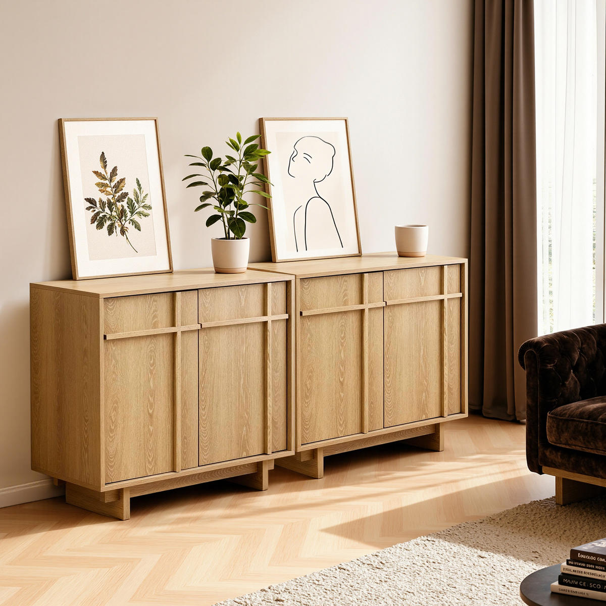 SIDEBOARD mit 2 Türen, Aufbewahrungsschrank in Eichenoptik mit geometrischer Holzleisten-Front| B80 x T40 x H77 cm - Braun, Holzwerkstoff (80/77/40cm) - Hometopia