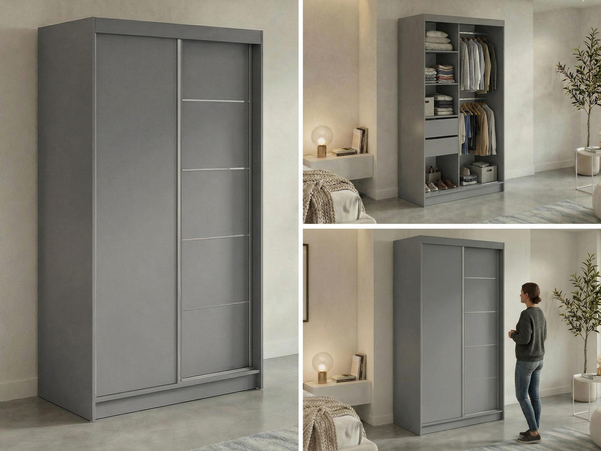 SCHWEBETÜRENSCHRANK mit Schubladen 120 - MACEDONIA - Grau - Alufarben/Grau, Holzwerkstoff/Metall (120/216/61cm) - MKS