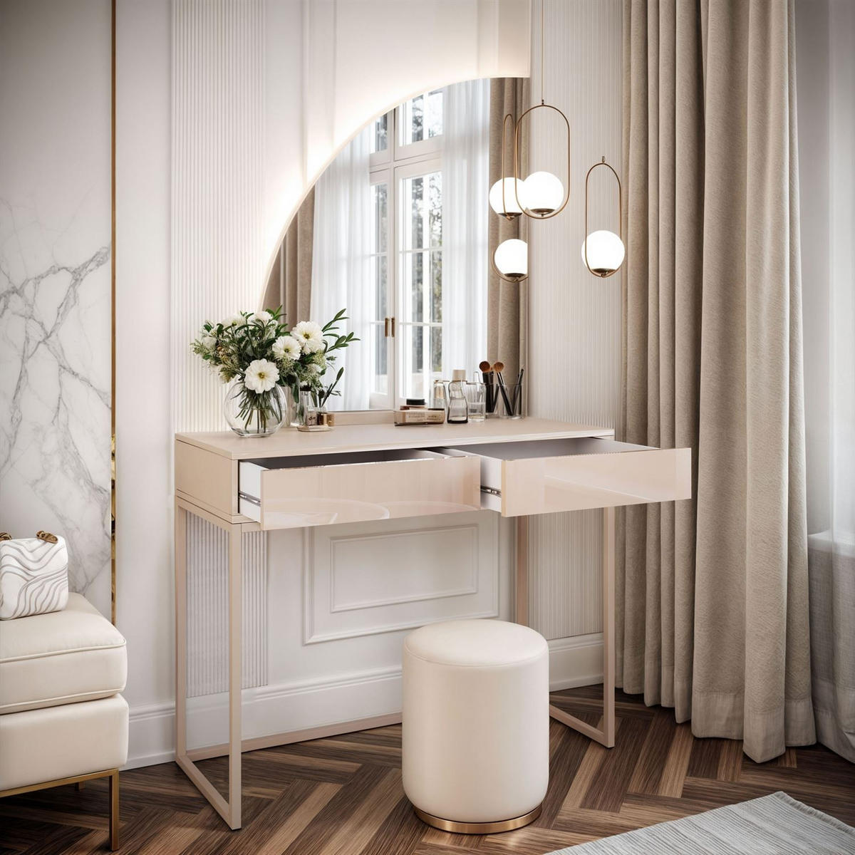 SCHMINKTISCH QUINNIE KASCHMIR mit LED-Spiegel links PUSH OPEN - Kaschmir/Goldfarben, Holzwerkstoff (100/175/42cm) - Lookway