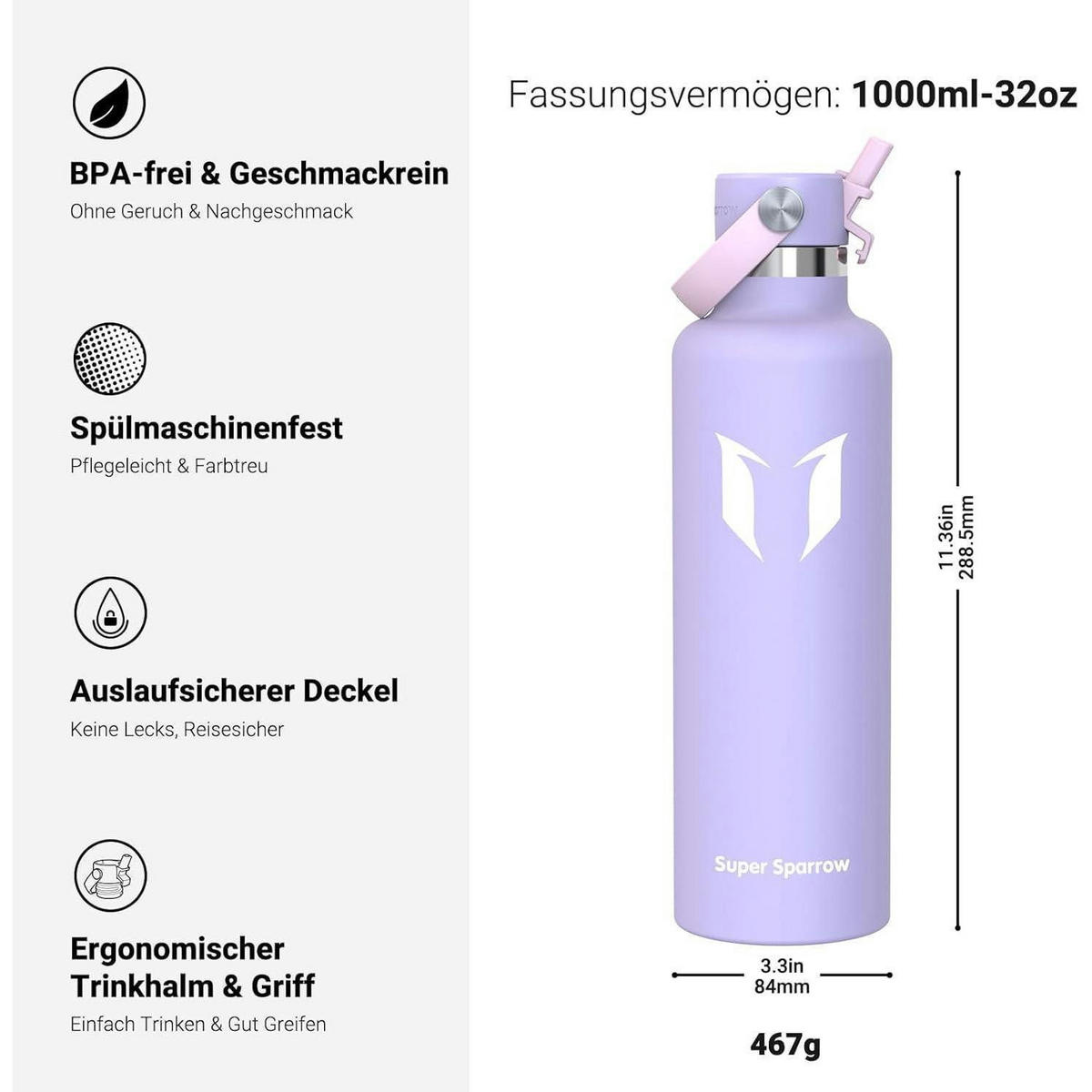TRINKFLASCHE Edelstahl 1000 ml Lavendel - Flieder, Metall (8.5/8.5cm)