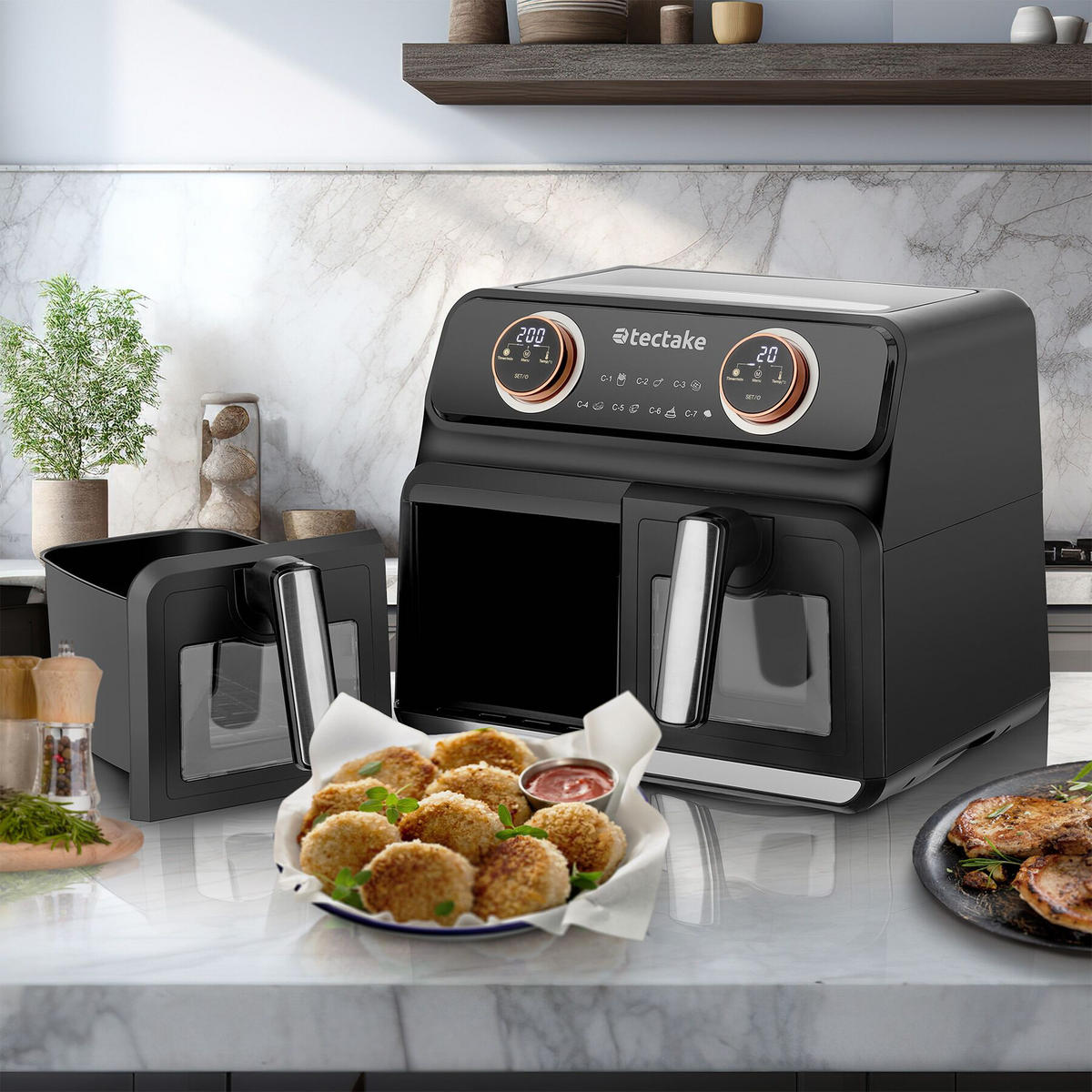 HEISSLUFTFRITTEUSE Samurai, 37,5 x 39 x 31,5 cm, inklusive Rezeptheft, schwarz - Schwarz, Kunststoff (37.5/31.5/39cm) - tectake