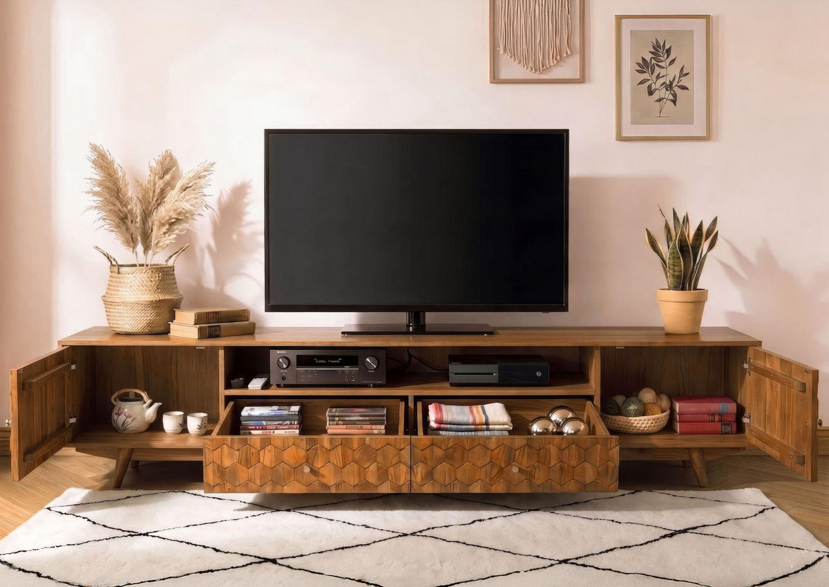 TV-BOARD Akazie 235x40x49 natur lackiert MOSAYK #119 - Naturfarben, Holz (235/49/40cm) - Massivmoebel24