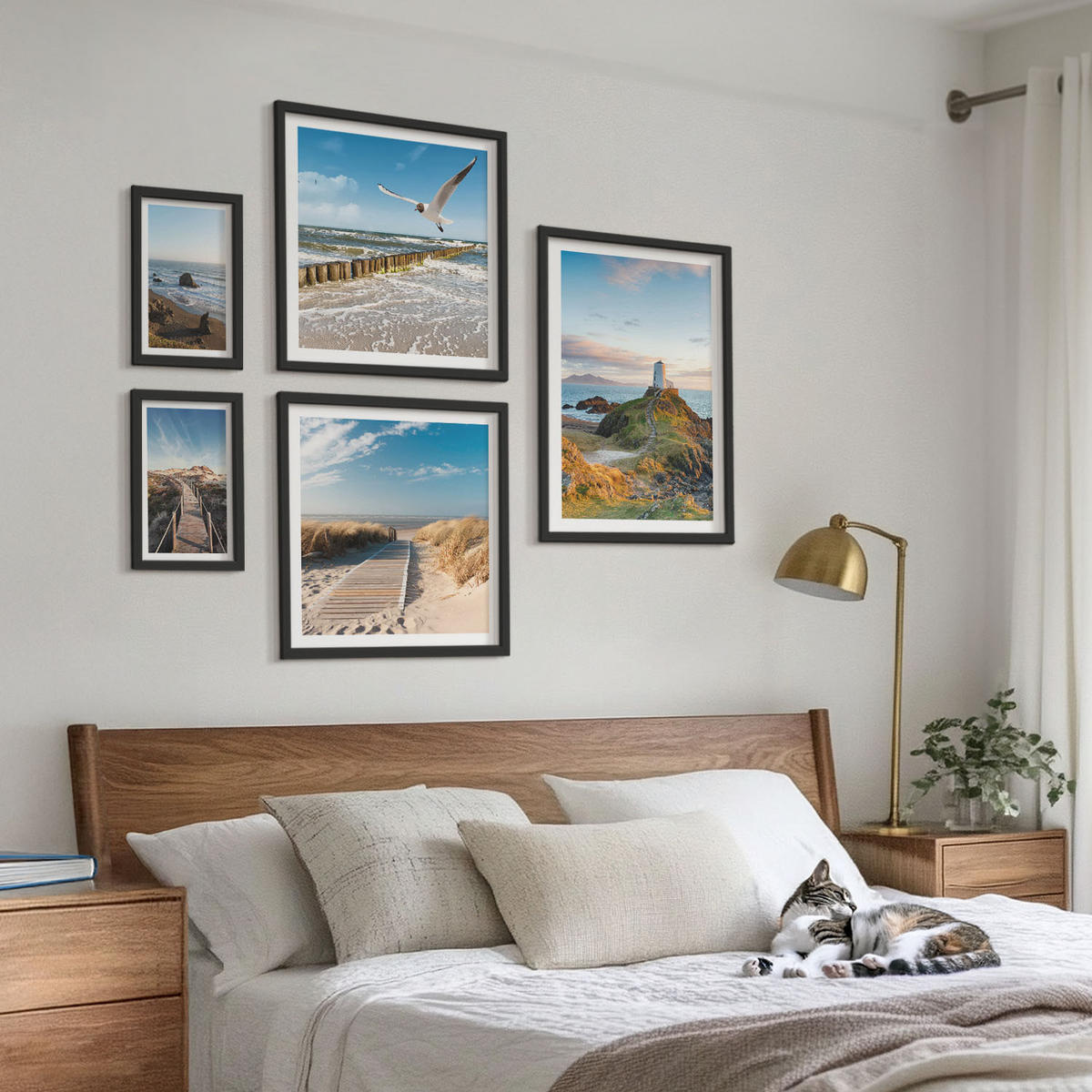 BILDER SET 5er Set - 50x50 cm & 20x30 cm & 40x60 cm Schwarzer Rahmen - Palmen am Meer, blaues Wasser - Schwarz, Kunststoff (40/60cm) - TULUP