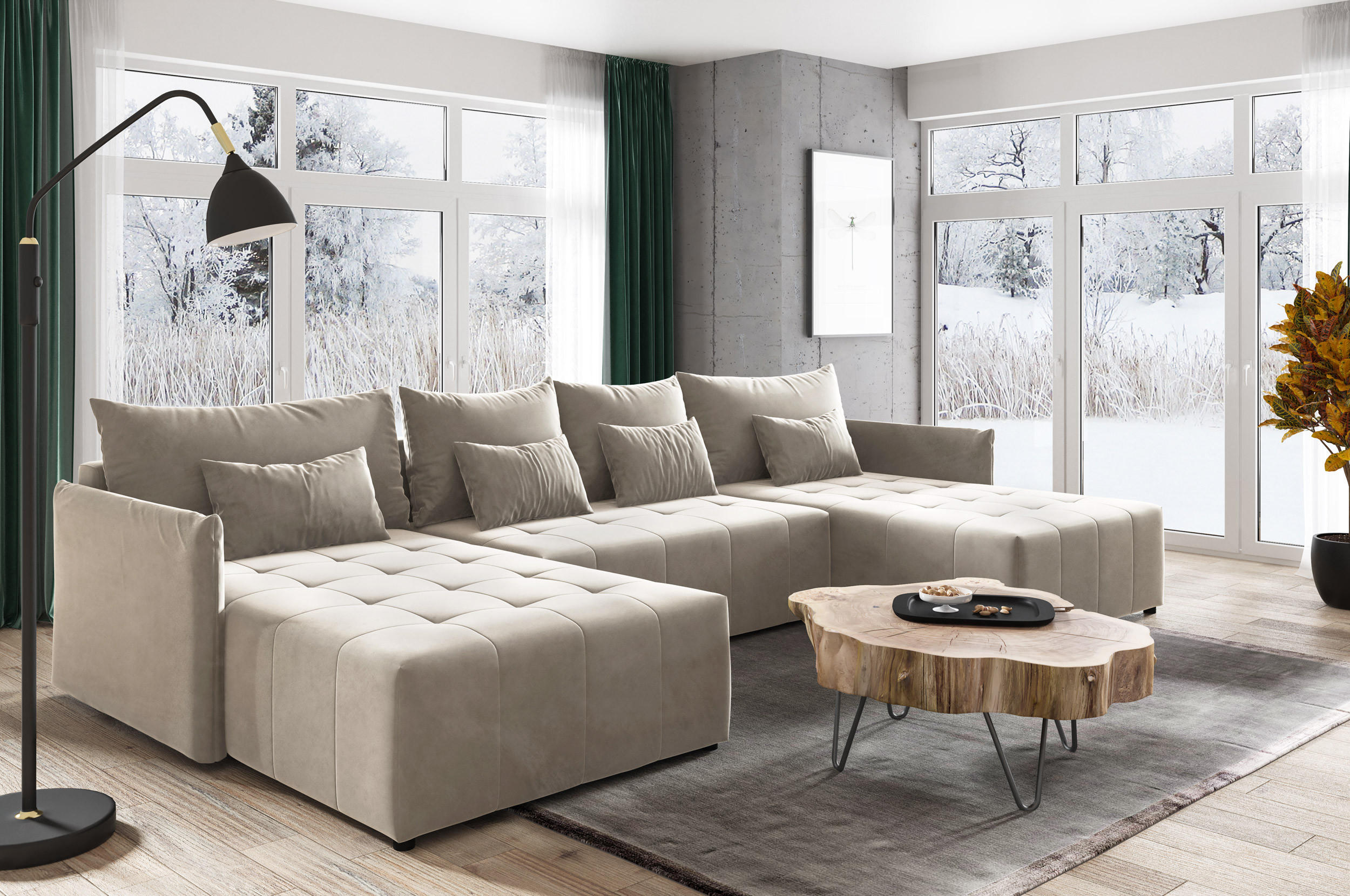 WOHNLANDSCHAFT Leno U - Beige, Holz/Textil (365/80/180cm) - Sofnet