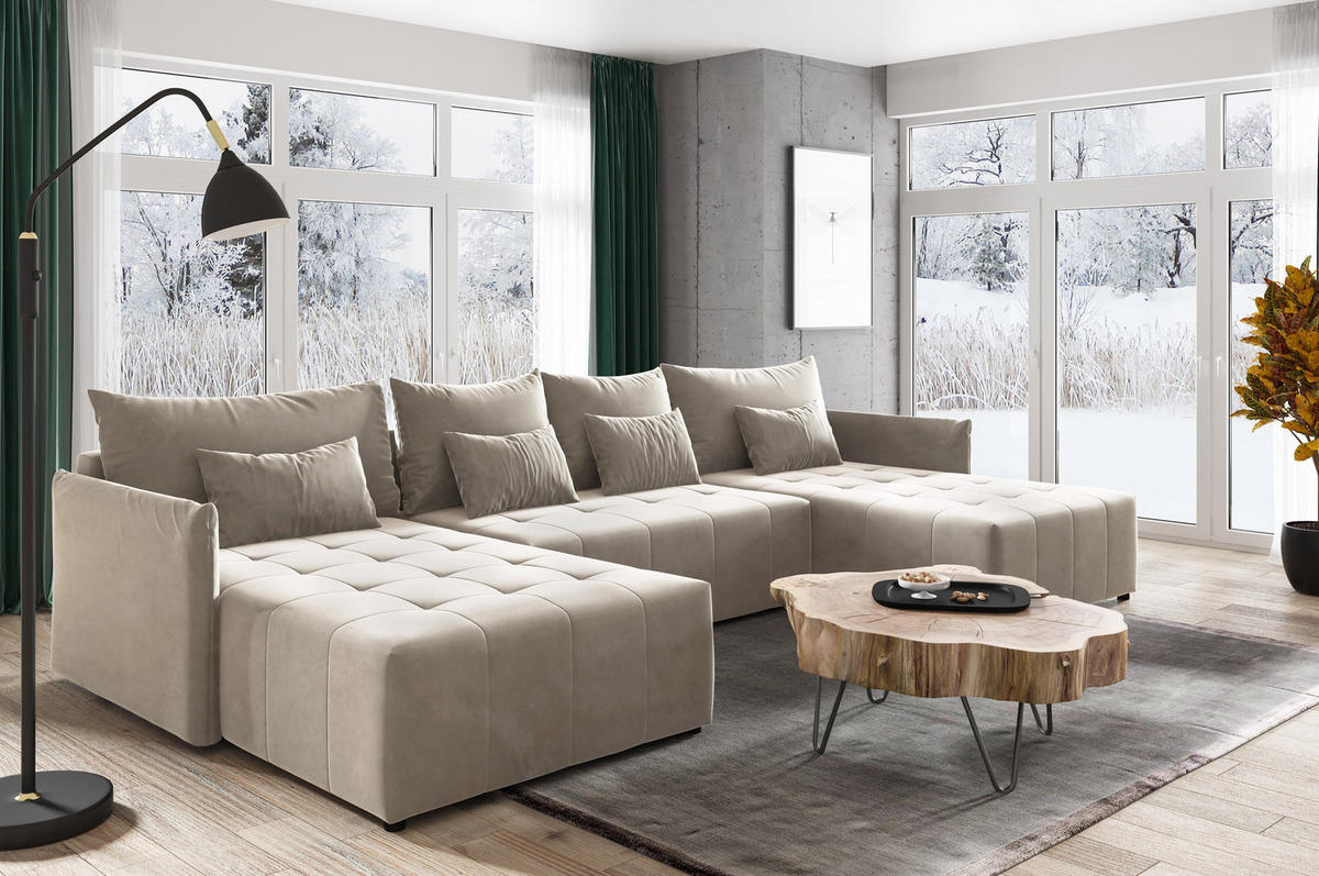 WOHNLANDSCHAFT Leno U - Beige, Holz/Textil (365/80/180cm) - Sofnet