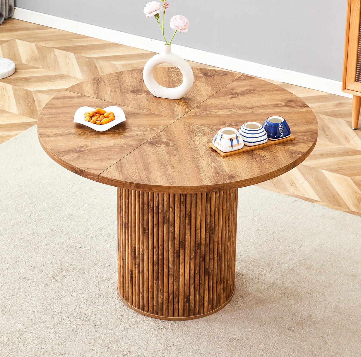 ESSTISCH Rund 100/100/76 cm Holzfarben aus MDF mit Stauraum zylindrisches Tischbein - Naturfarben, Holzwerkstoff (100/100/76cm) - OKWISH