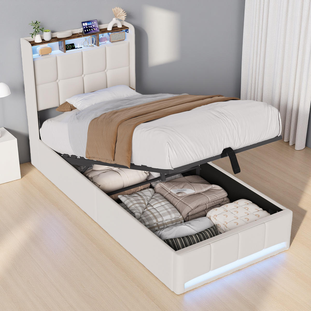 ČALÚNENÁ posteľ 90x200cm béžová ľanová pneumatická LED USB - béžová, kov - SHOPENTRA