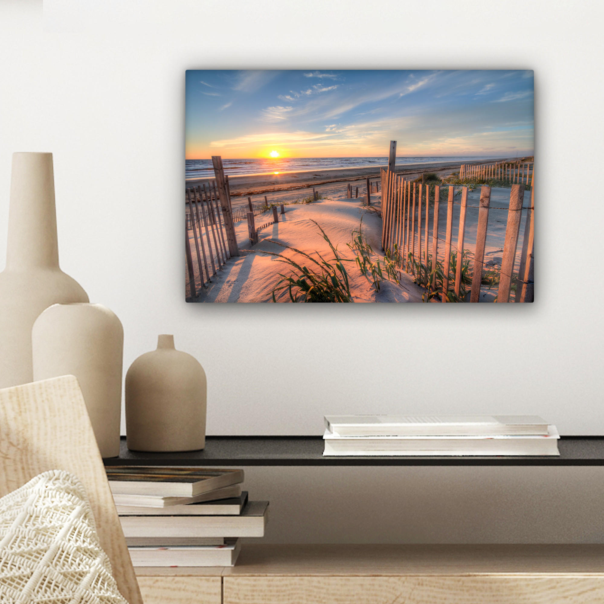 LEINWANDBILD Strand - Meer - Düne - Sonnenuntergang - Landschaft 30x20 cm - Beige, Textil (30/20cm) - MuchoWow