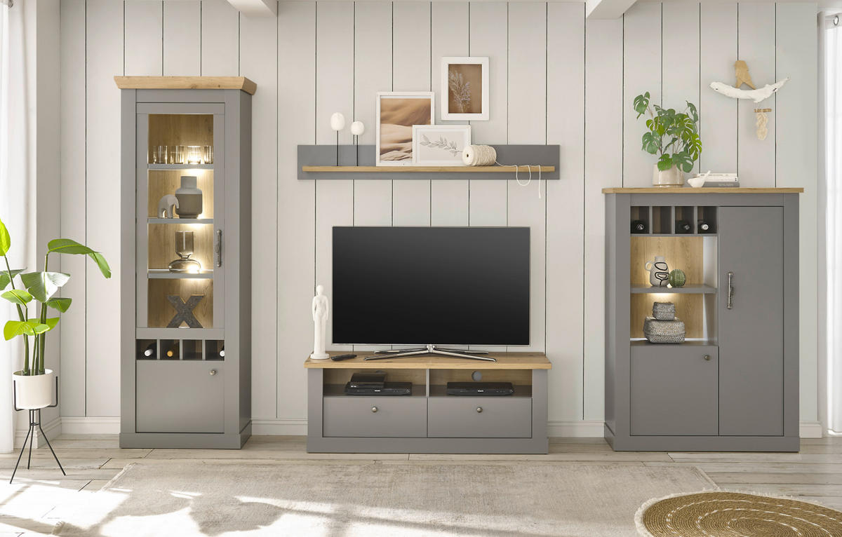 HIGHBOARD grau, Artisan Eiche 130 cm, Kommode im Landhaus-Stil - Silberfarben/Hellgrau, Holzwerkstoff/Metall (103/142/37cm) - Furn.Design