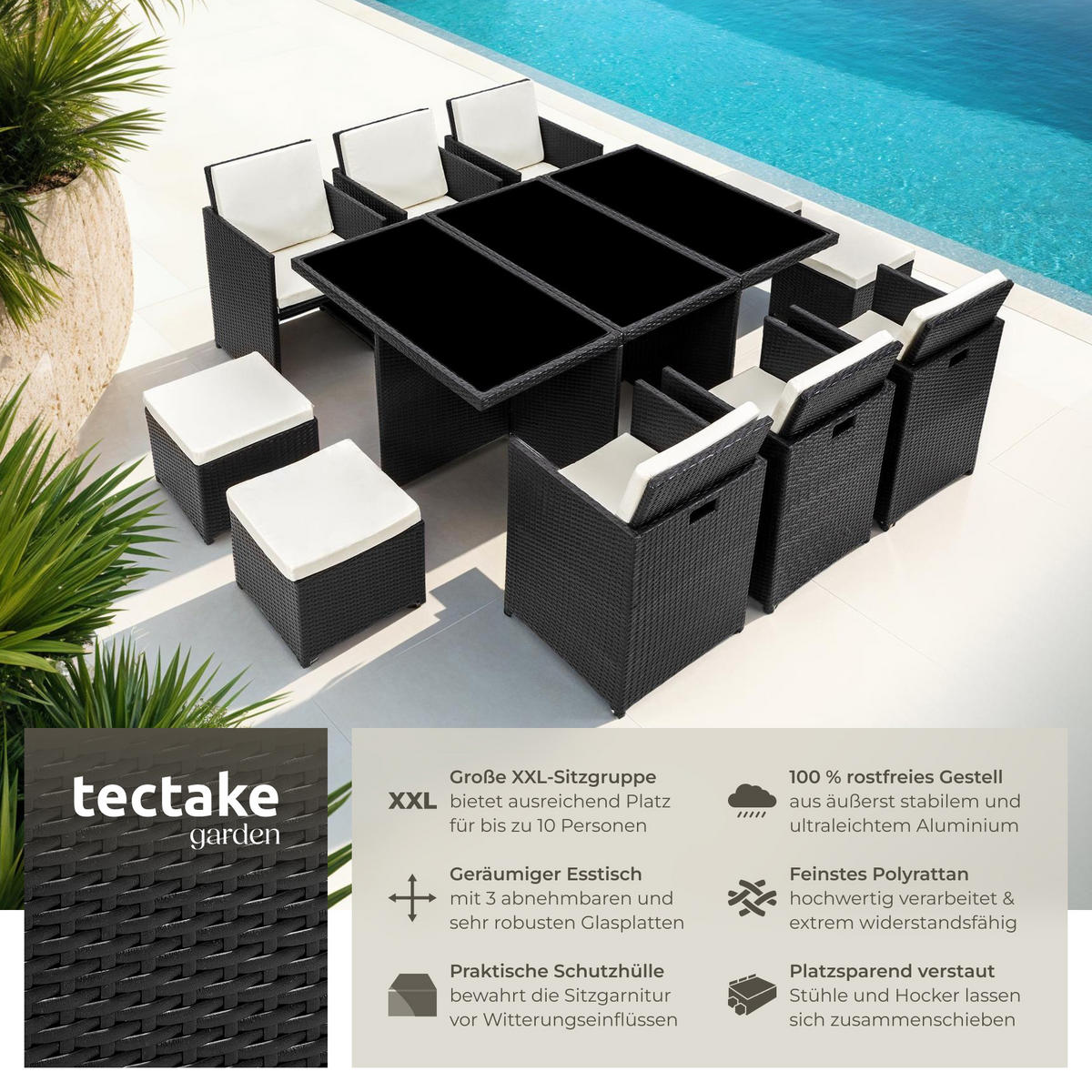 RATTAN SITZGRUPPE New York,2 Bezugssets, zusammenschiebbar, inklusive Schutzhülle,schwarz - Schwarz, Kunststoff - tectake