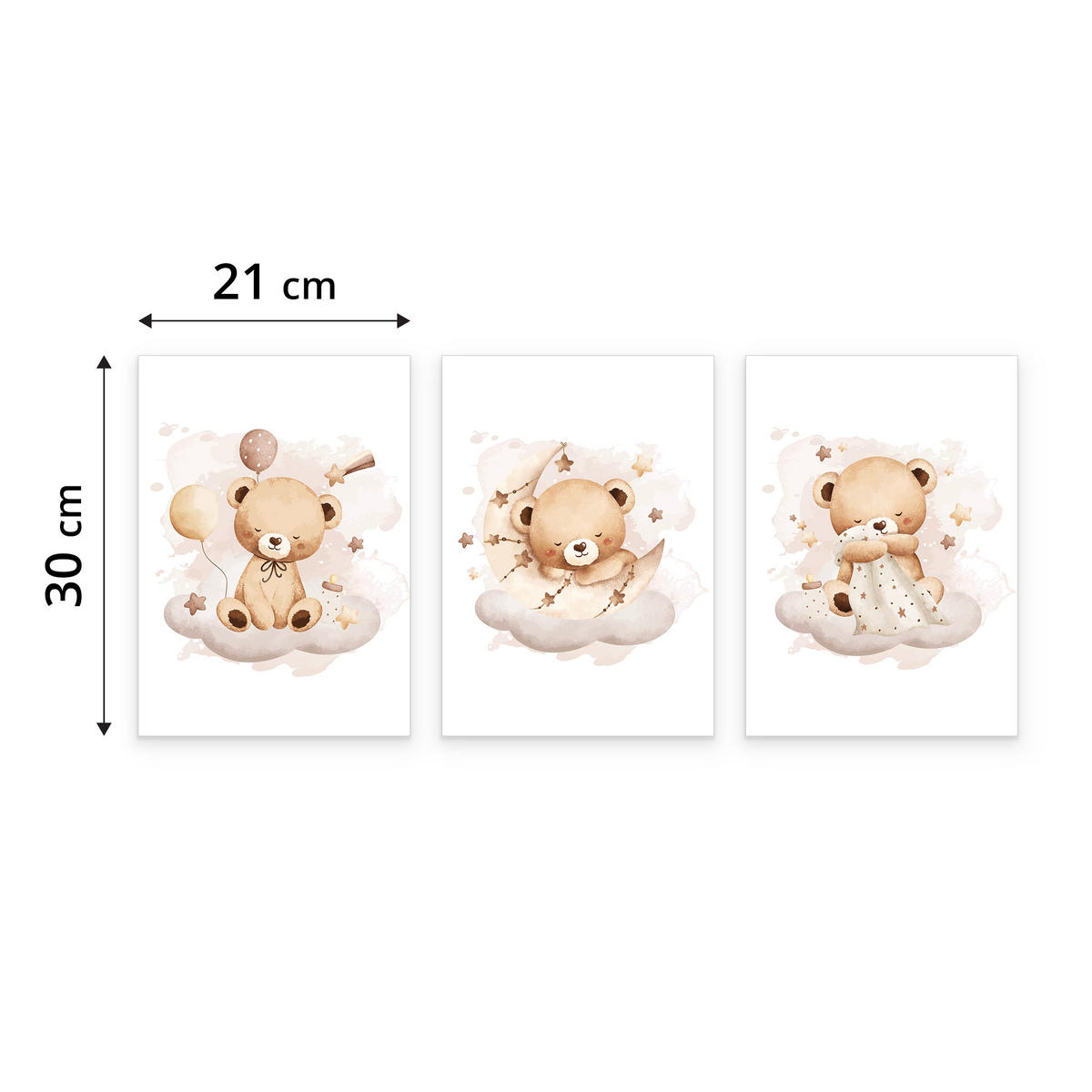 SADA PLAGÁTOV Do Detskej Izby Spiace Medvede Na Oblakoch Hviezdy 3x Plagát A4 21 x 30 cm - hnedá/biela, papier (21/30/1cm) - Muralo