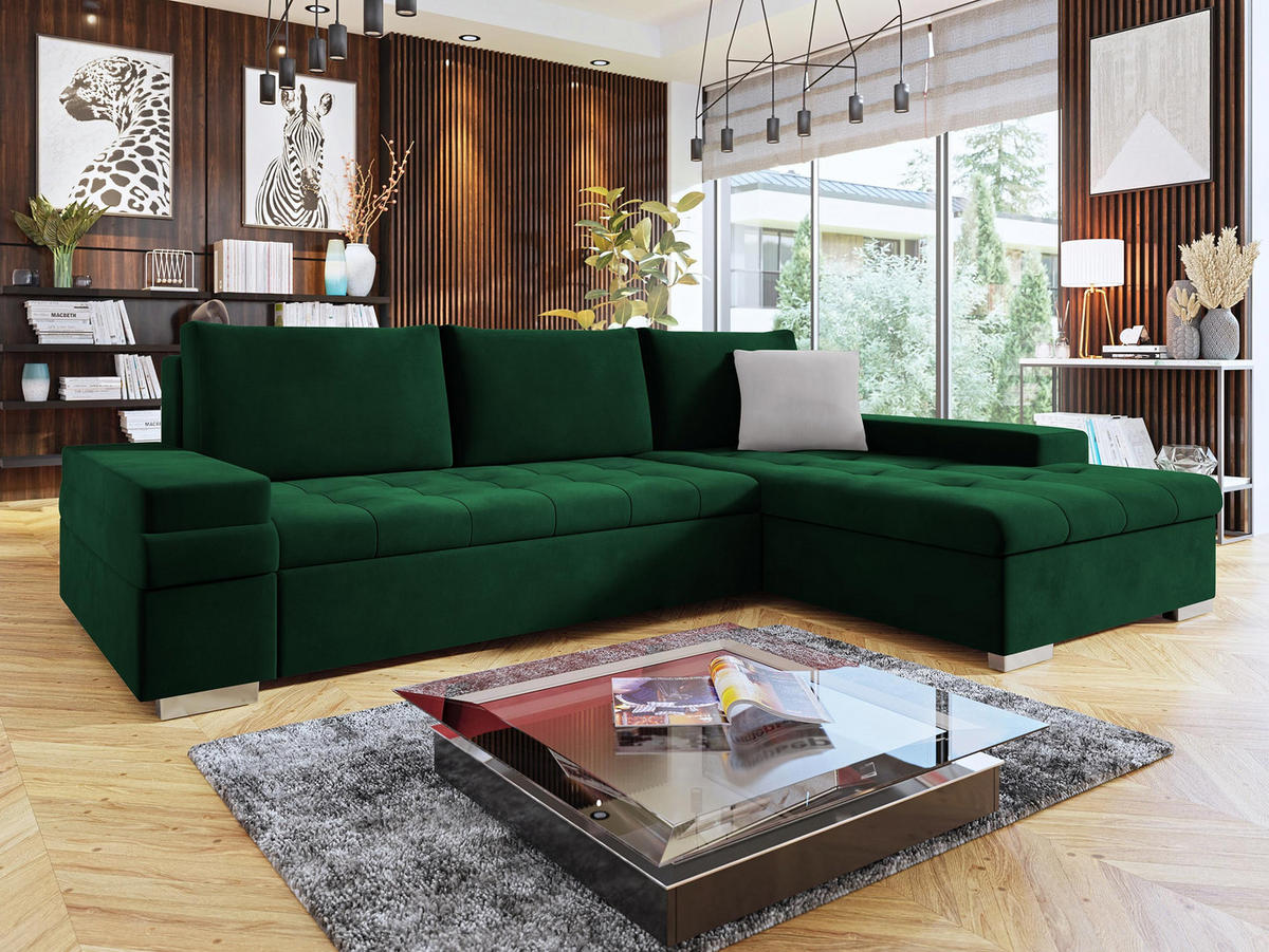 ECKSOFA Bangkok Mini Premium - Smaragdgrün/Silberfarben, Holz/Textil (274/182cm) - MIRJAN24