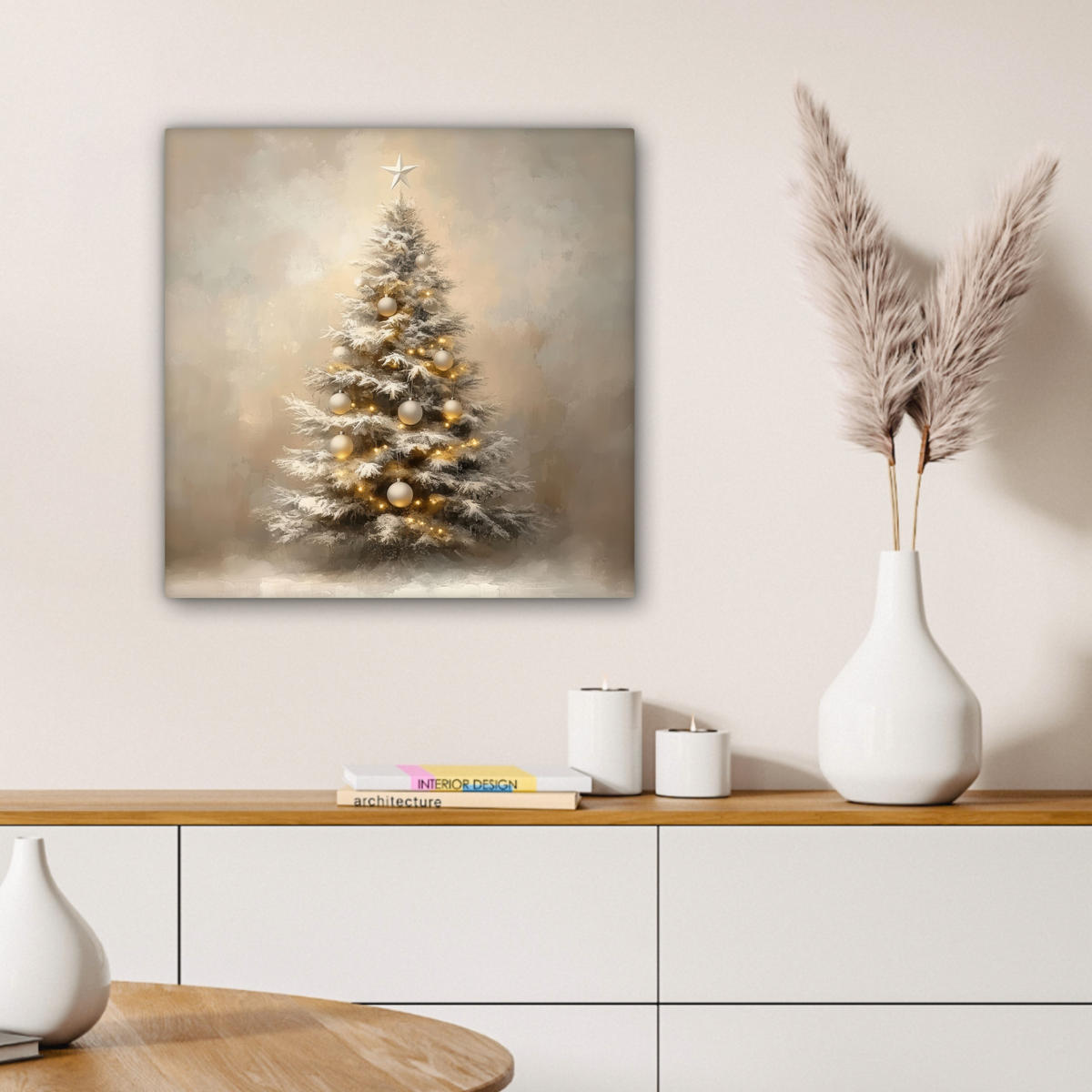 LEINWANDBILD Weihnachten - Weihnachtsbaum - Schnee - Kunst 50x50 cm - Champagner, Textil (50/50cm) - MuchoWow
