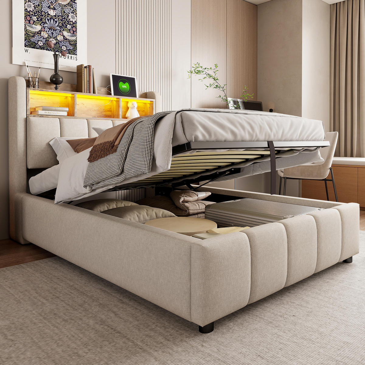 POLSTERBETT 90/200 cm Beige mit USB- und LED-Beleuchtung und hydraulischem Stauraum - Beige, Textil (90/200cm) - OKWISH