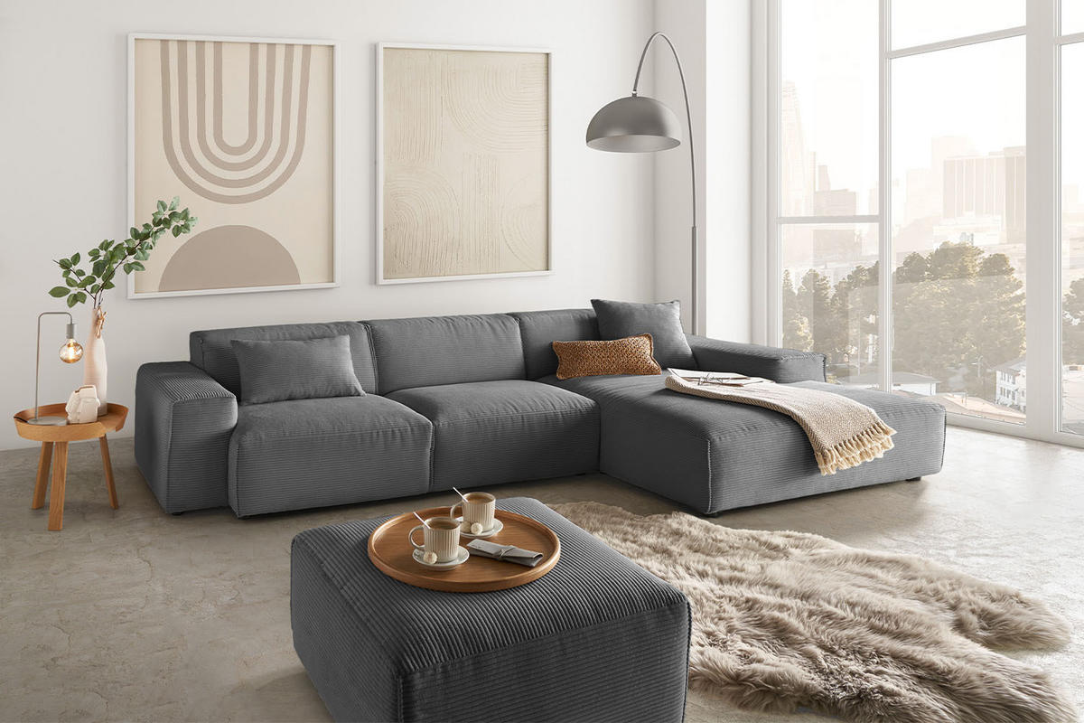 ECKSOFA RANI Grau Cord - Dunkelgrau/Schwarz, Kunststoff/Textil (299/189cm) - KAWOLA