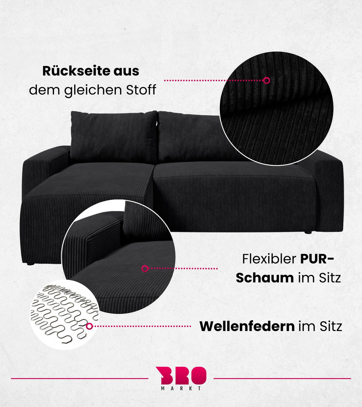 ECKSOFA PLUSH mit Schlaffunktion Schwarz Cord - Schwarz, Textil (240/145cm) - Bromarkt