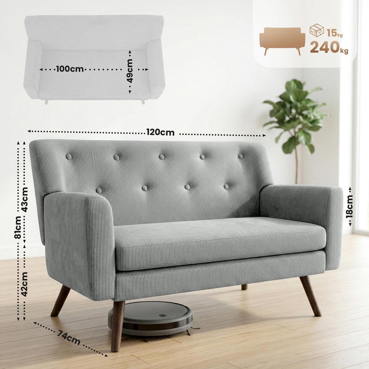 SOFA Arne Cord 2-Sitzer 120x74x81cm Cord Grau Couch - Grau, Kunststoff (120/81/74cm) - DELUKE
