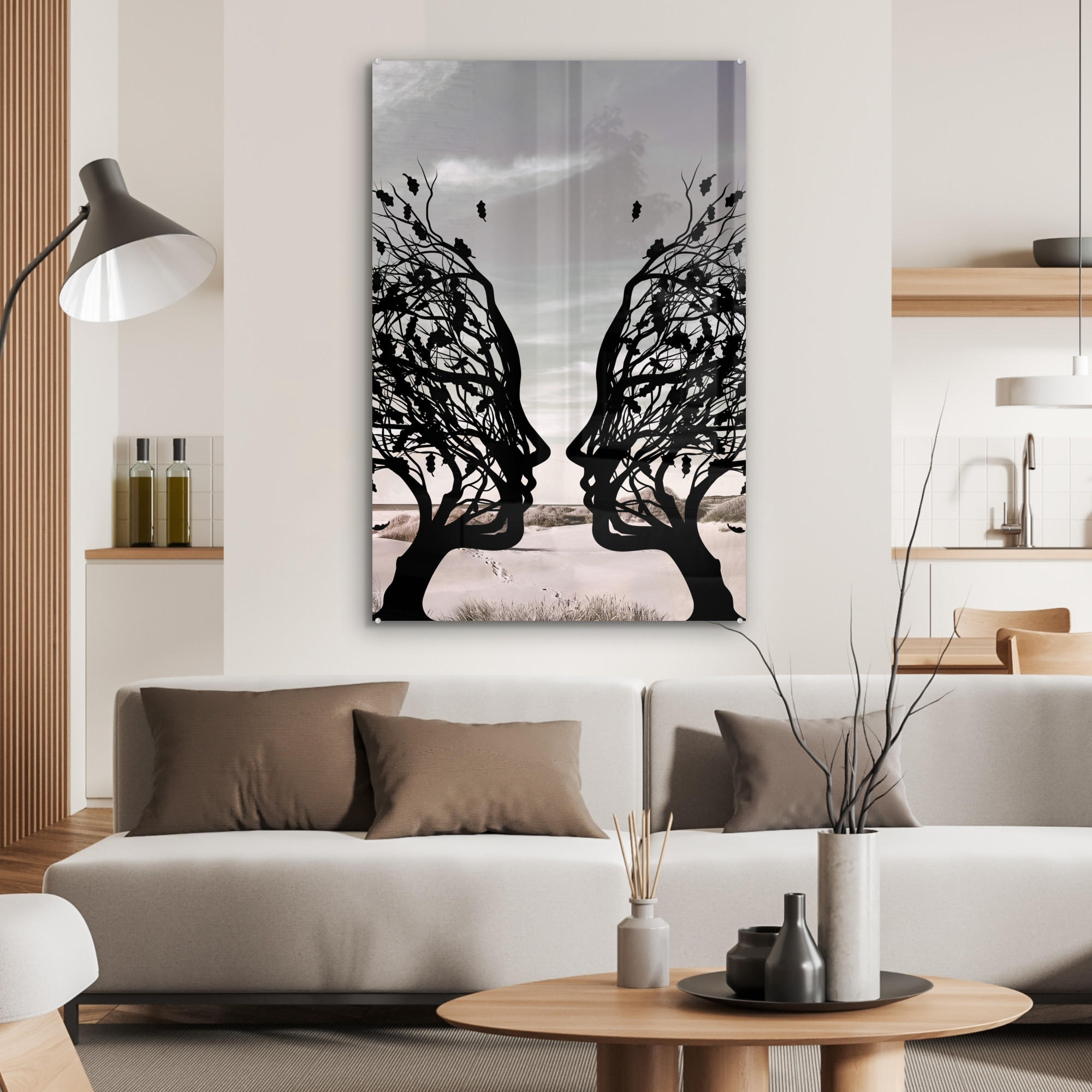 ACRYLGLASBILD Strand - Meer - Menschen - Baum - Moderne Kunst 60x90 cm - Hellgrau, Glas (60/90cm) - MuchoWow