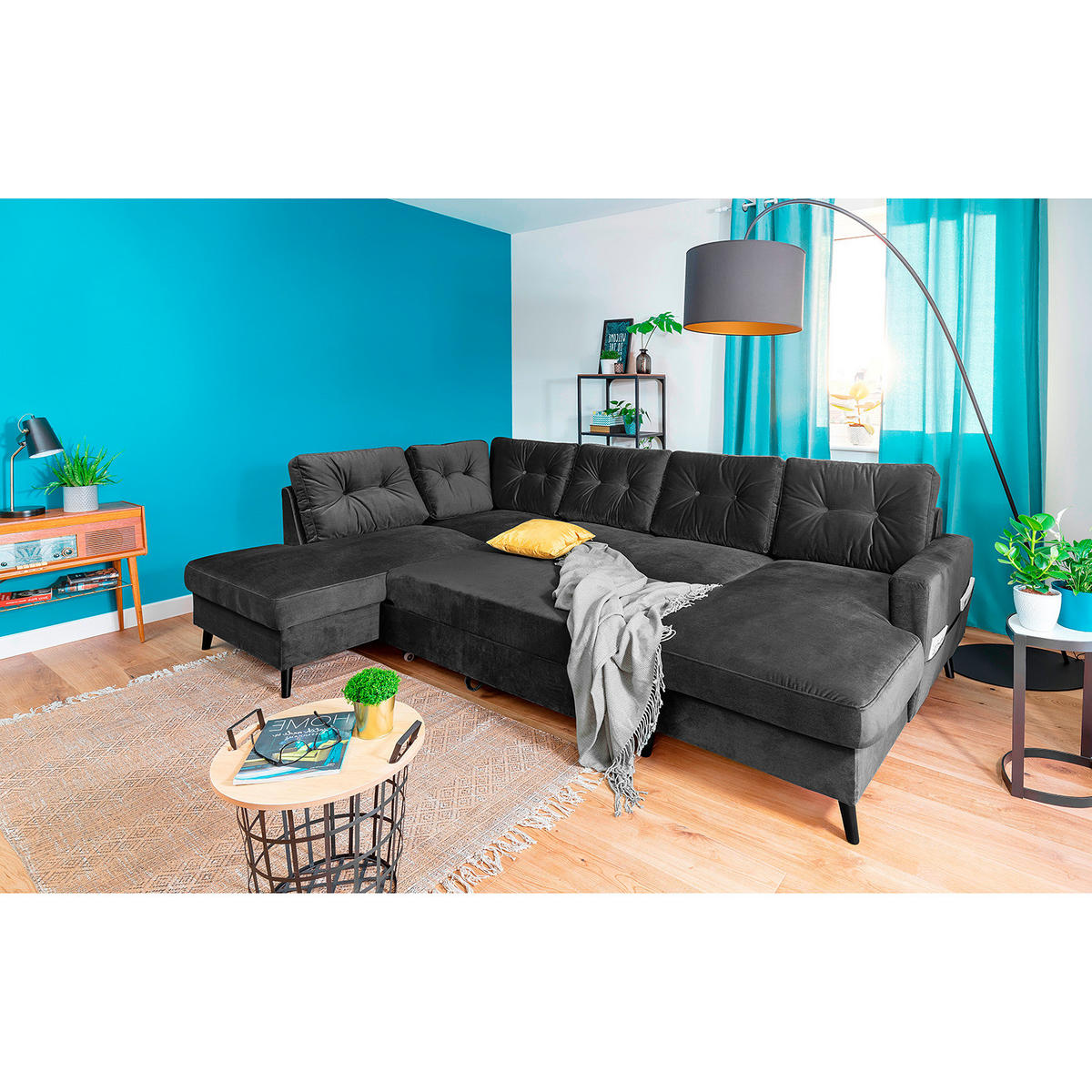 WOHNLANDSCHAFT mit Longchair - Schwarz/Grau, Buchenholz/Textil (297/90/200cm) - home24