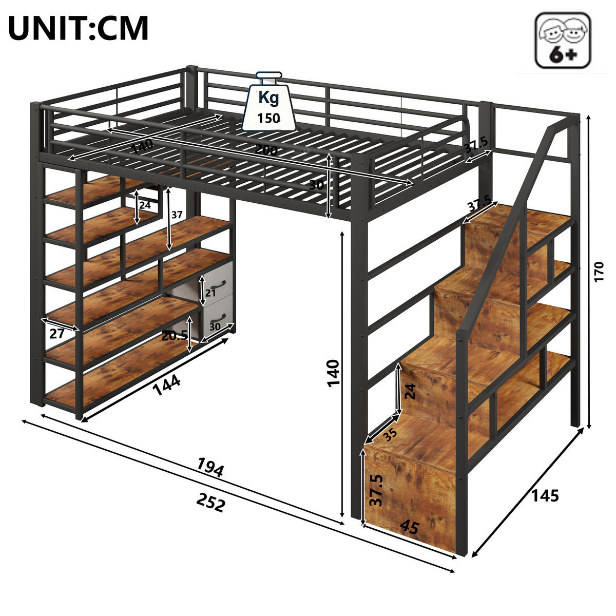 HOCHBETT 140x200 Metallrahmen mit LED Treppe Stauraum Schwarz - Schwarz, Metall - Gisaae