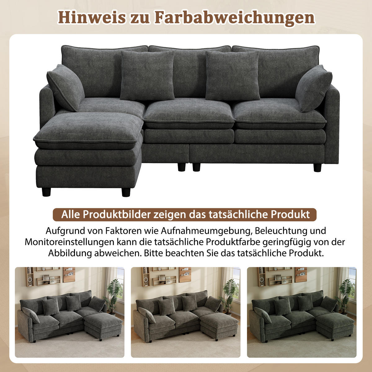 ECKSOFA 212/150/90 cm Grau mit 4 Zierkissen und 3 Rückenlehnen - Grau, Textil (212/150cm) - Oxeza