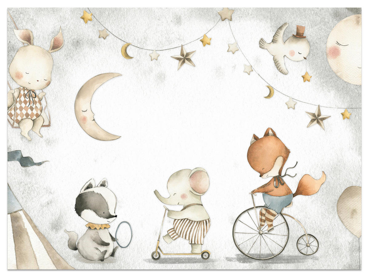 FOTOTAPETE für Kinderzimmer Zirkus Tiere Elefant Fuchs Monde Sterne 400x280 - Gelb/Beige, Papier (400/280cm) - Muralo