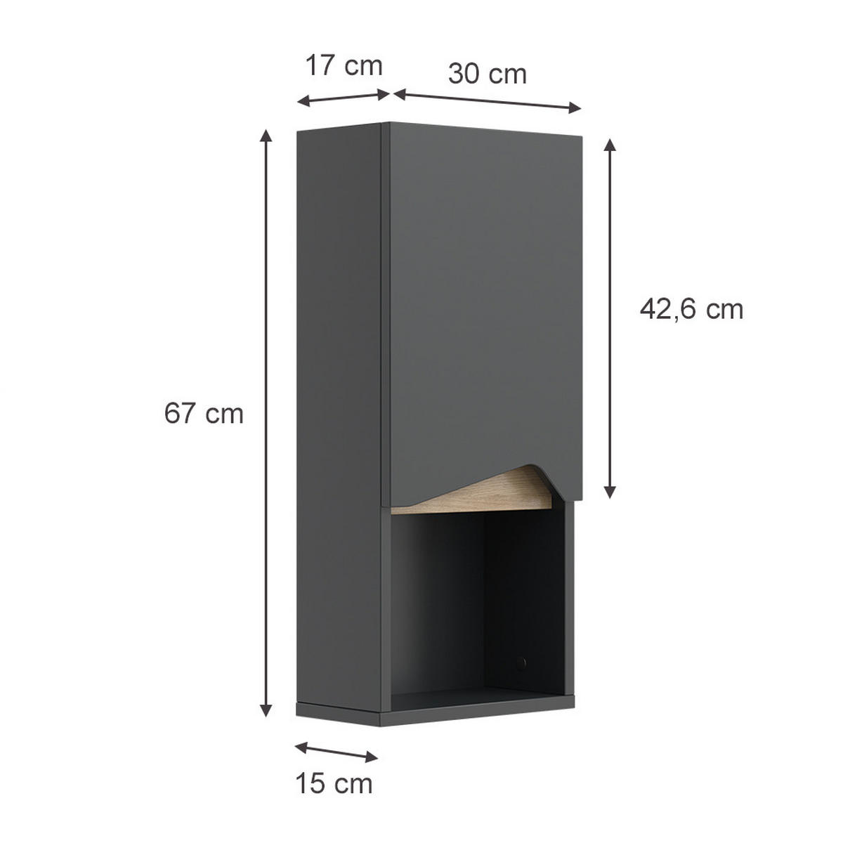 BADSCHRANK Marelle Anthrazit 30 x 67 cm mit Tür und offenem Fach - Anthrazit, Holzwerkstoff (30/67/17cm) - Vicco