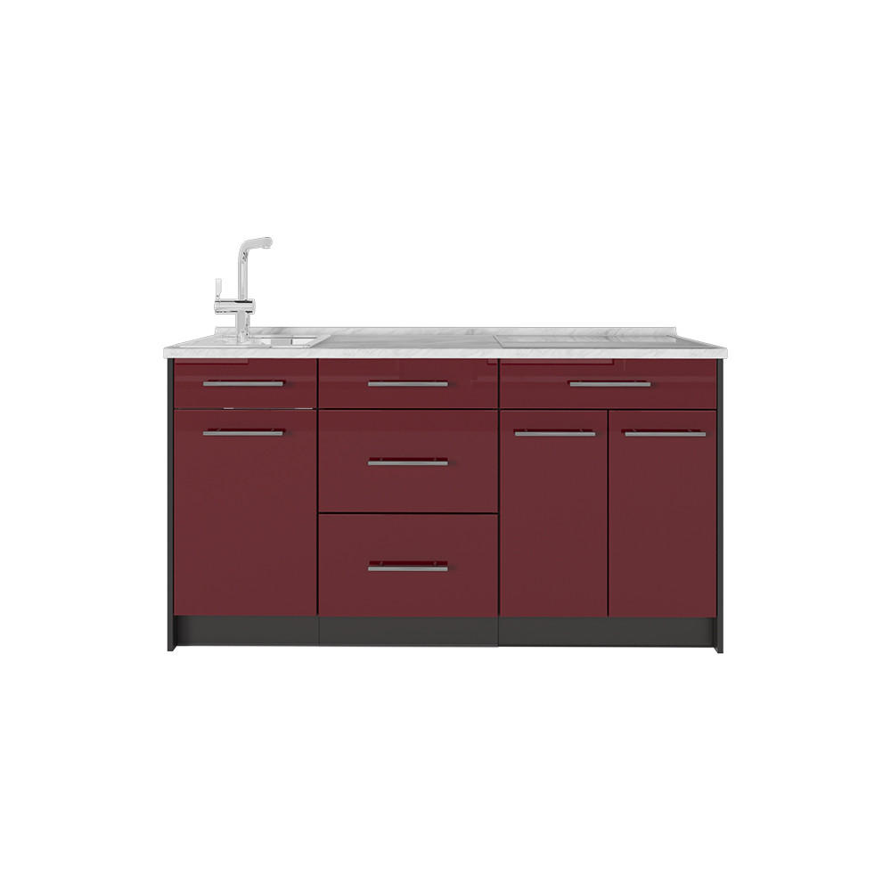 KÜCHENBLOCK Fame-Line, Bordeaux Hochglanz, 150 cm, AP Marmor - Bordeaux/Anthrazit, Holzwerkstoff (150/82/60cm) - Vicco