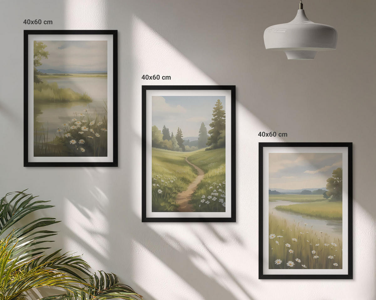 BILDER SET 3er Set - 40x60 cm Schwarzer Rahmen - Frühlingslandschaft Flusswiese - Schwarz, Kunststoff (40/60cm) - TULUP