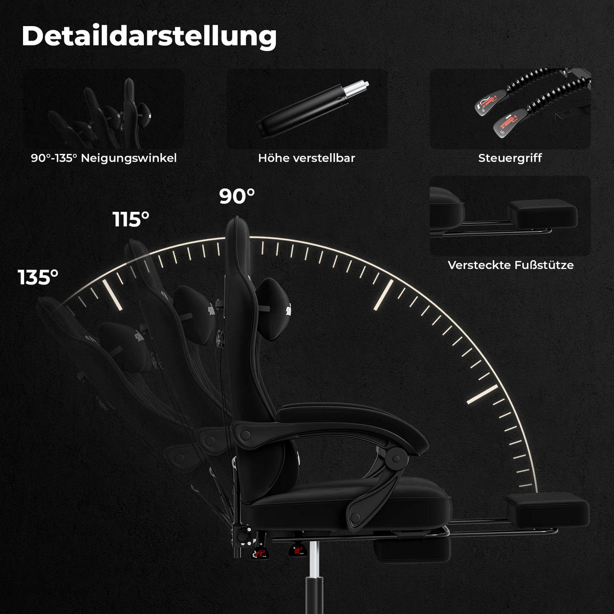 GAMINGSTUHL mit Fußstütze & Lendenkissen Ergonomisch Schwarz - Schwarz, Metall (62.2/180/48.3cm) - Kaket