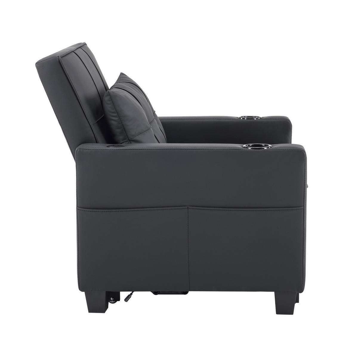 SCHLAFSESSEL mit 3-in-1-Funktion, ausziehbar, verstellbarer Liegestuhl mit USB-Anschluss und Getränkehaltern, Schwarz - Schwarz, Holz (74/84/87cm) - Redom