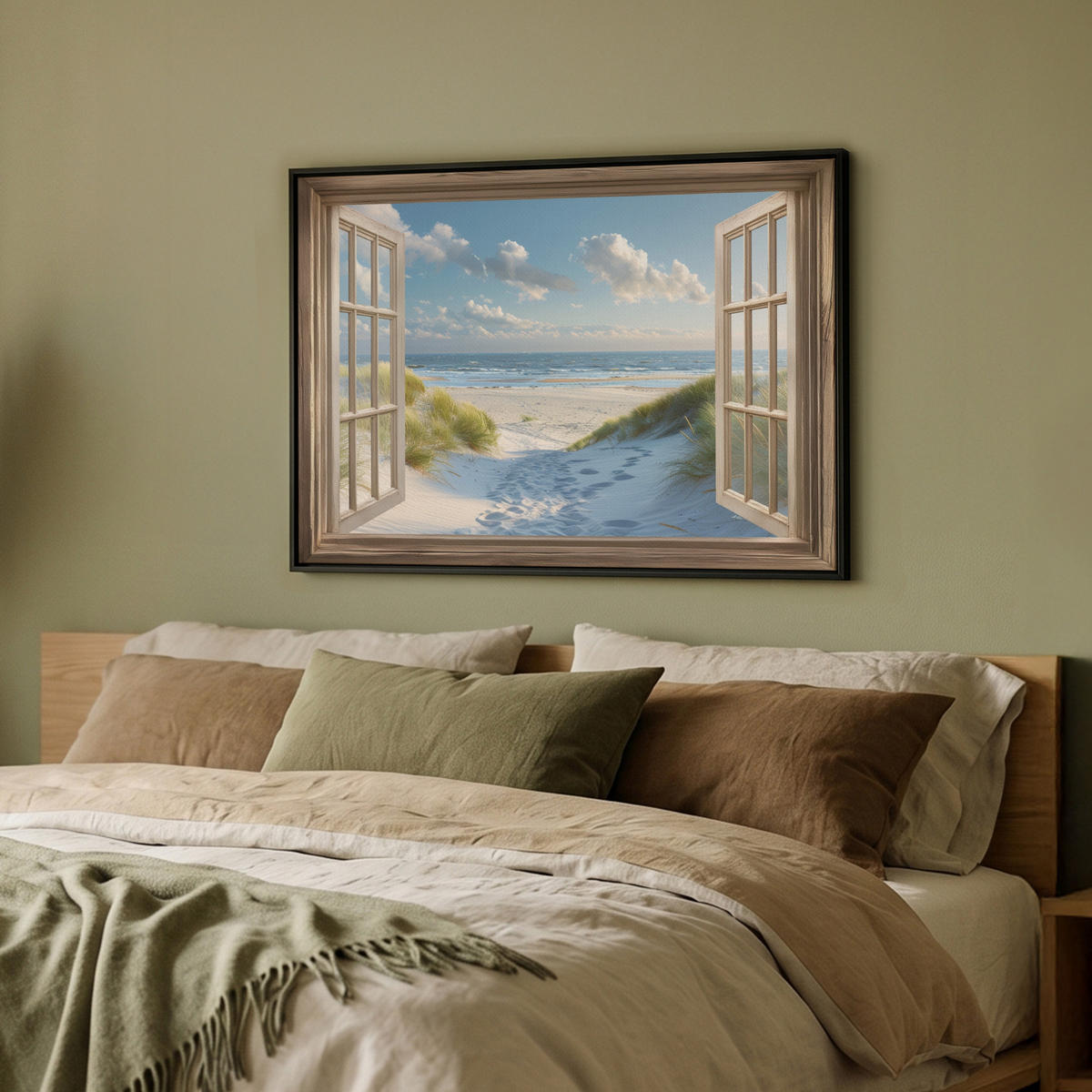 LEINWAND Bilder mit Rahmen - Aussicht - Strand - Fenster - Dünen - Meer - 70x50 - Hellblau, Textil (70/50cm) - MuchoWow