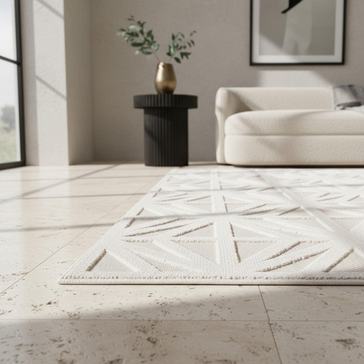 TEPPICH In-/Outdoor Kurzflor 3D-Effektfliesen Polypropylen Balkon Creme Rechteckig 280x370 - Beige, Textil (280/370cm) - KADIMA DESIGN