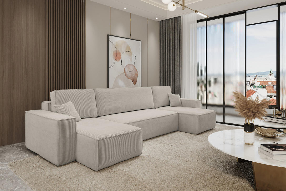 WOHNLANDSCHAFT Hugo U-Form Cordstoff mit Schlaffunktion und Bettkasten - Beige, Textil (312/83/142cm) - VENASI MÖBEL