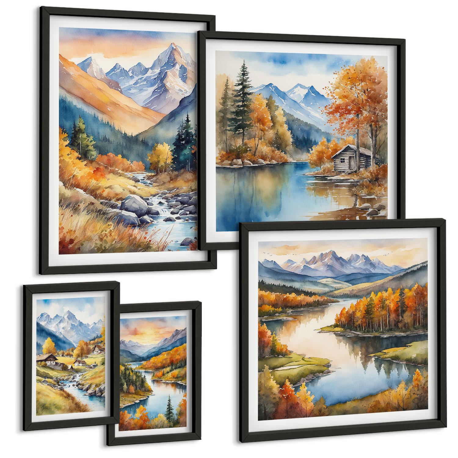 BILDER SET 5er Set - 50x50 cm & 20x30 cm & 40x60 cm Schwarzer Rahmen - Berglandschaft, Flusshütten - Schwarz, Kunststoff (40/60cm) - TULUP