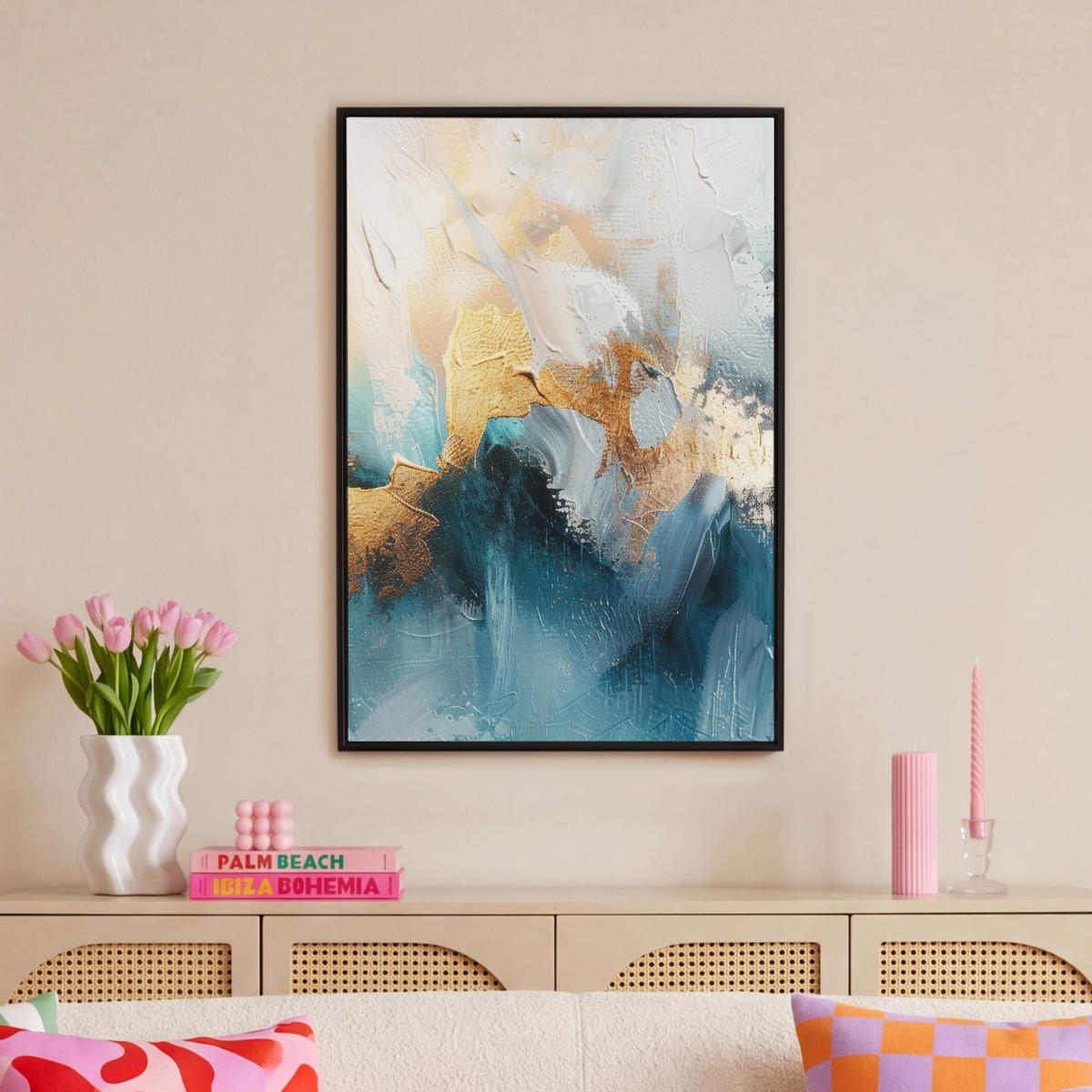 LEINWAND Bilder mit Rahmen - Abstrakt - Kunst - Gold - Blau - 60x90 - Petrol, Textil (60/90cm) - MuchoWow