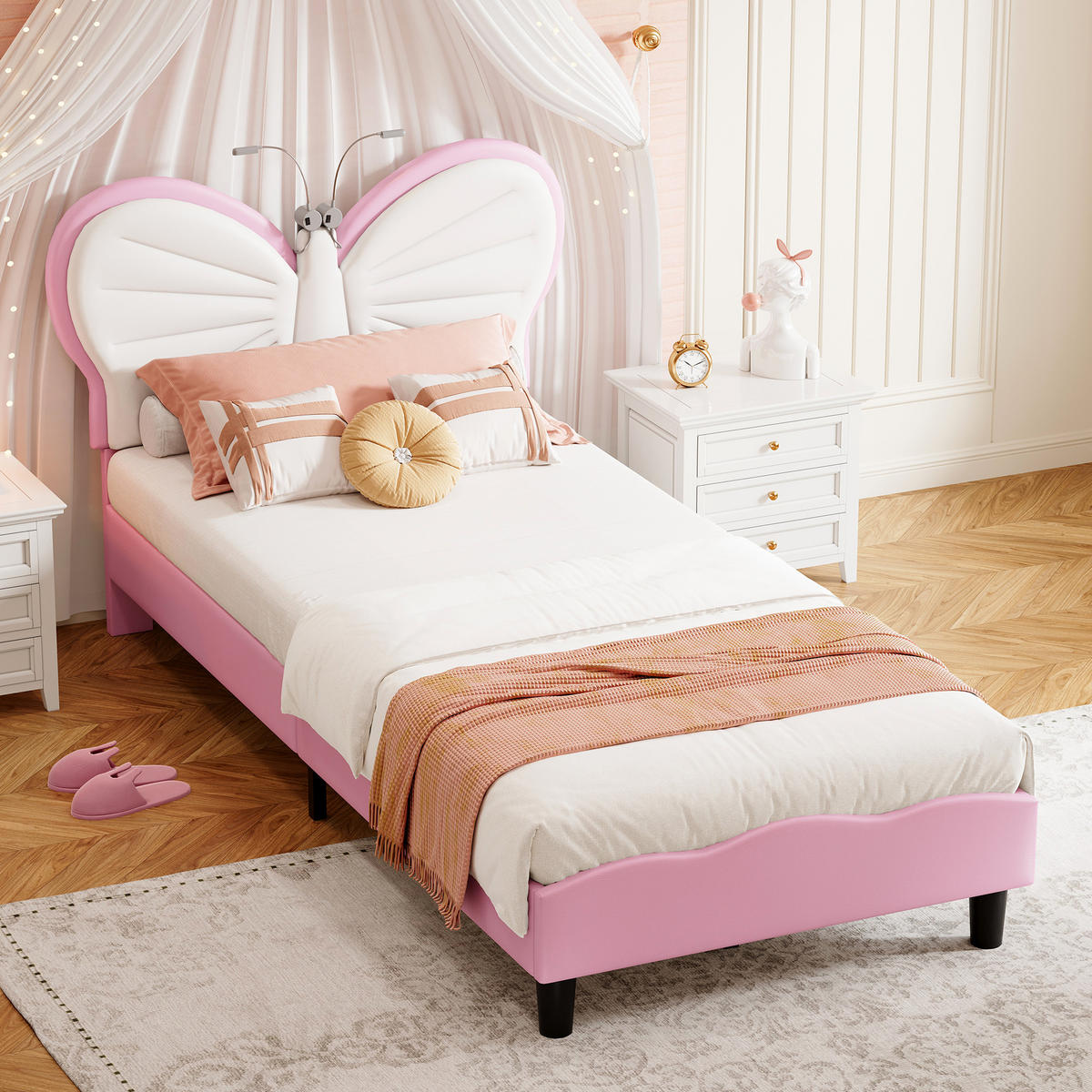 POLSTERBETT 90x190cm rosa/weiß Schmetterling, Leselampe, stabil - Pink, Holz