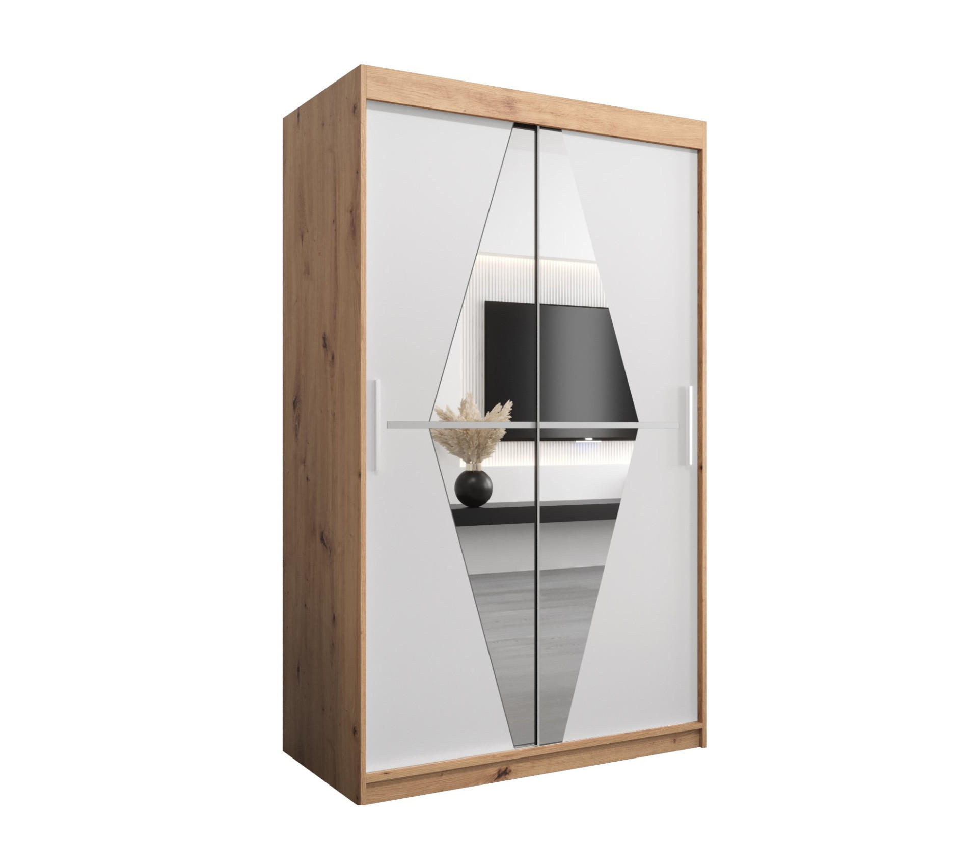 Abiks Möbel Schwebetürenschrank Eiche Artisan, Weiß 120x200x62 cm