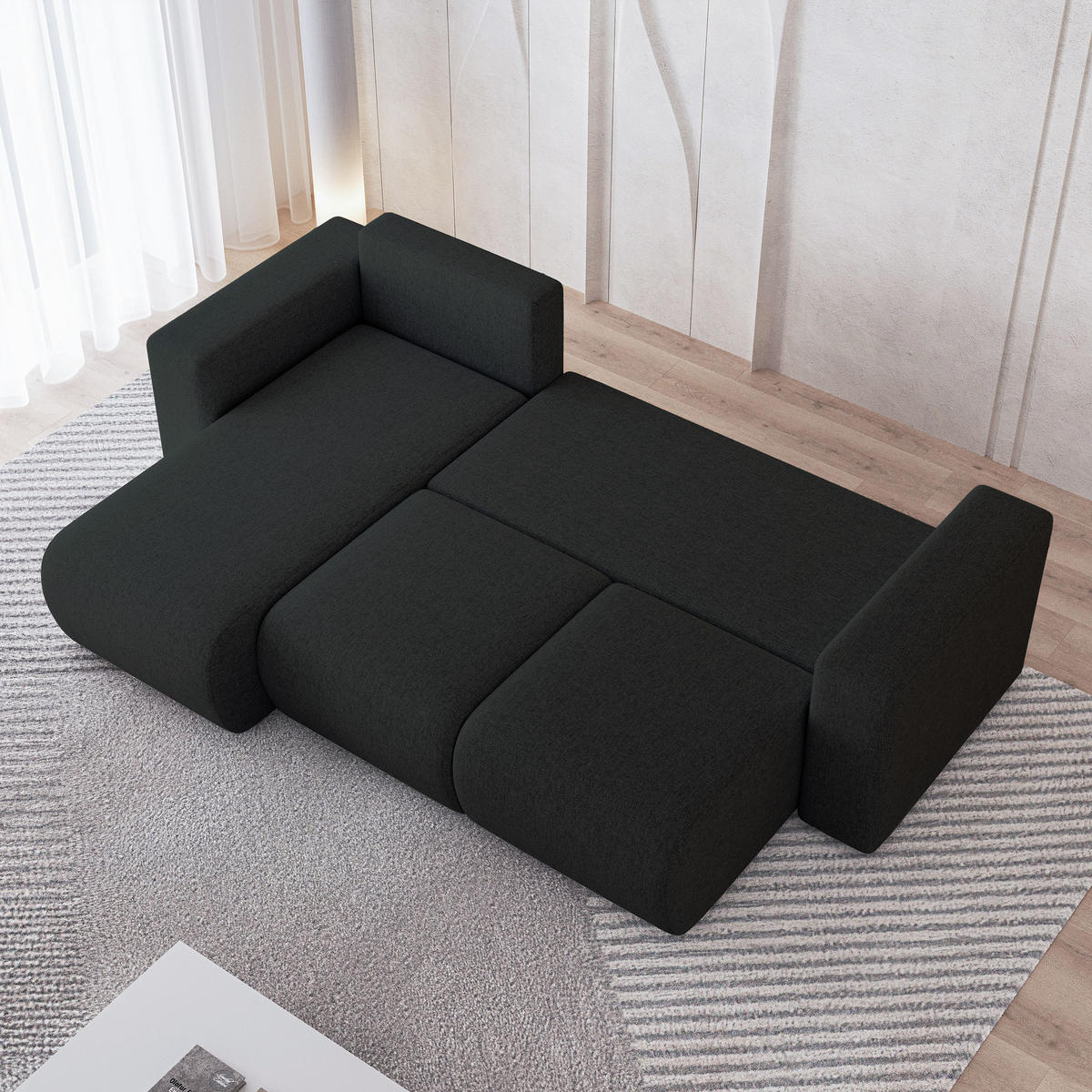 ECKSOFA RINOVA Schwarz Geflochtener Stoff mit Schlaffunktion - Schwarz, Holz (250/143cm) - MASSENO