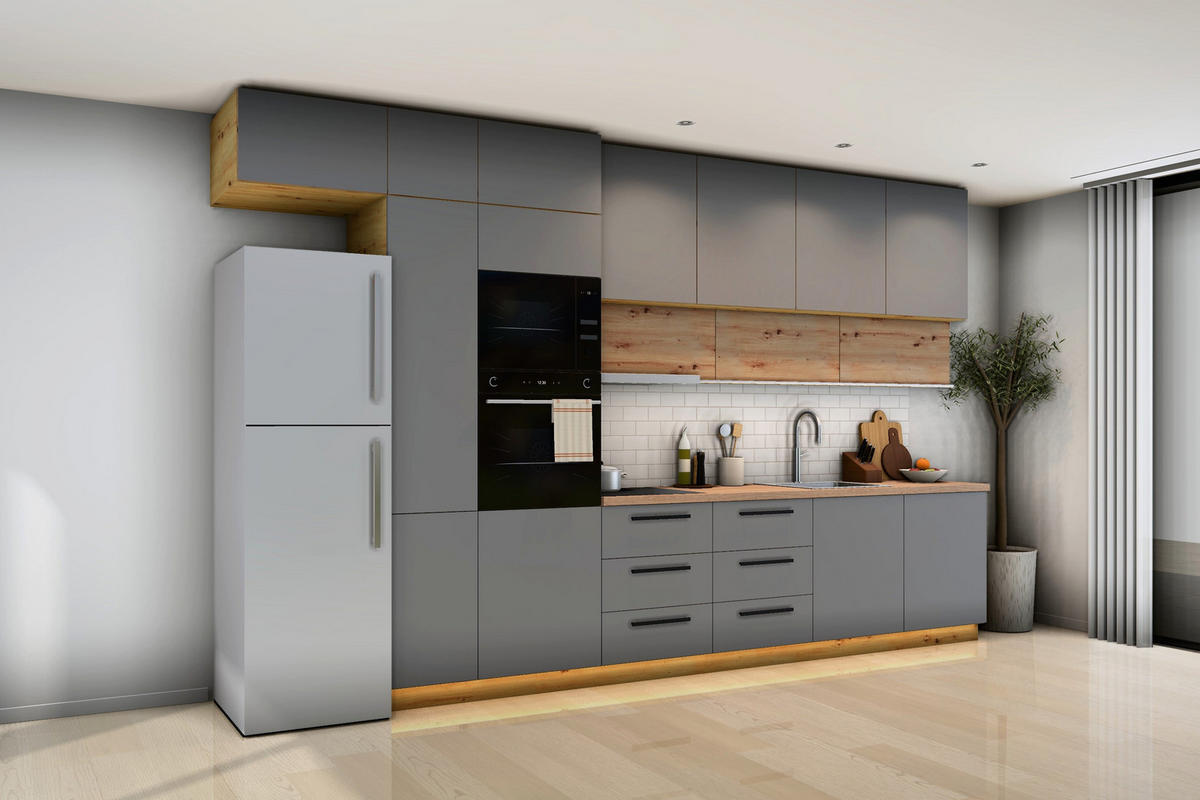 KÜCHENZEILE Nexa Grau & Woodline – 400 cm – K18-G400 - Hellbraun/Grau, Holzwerkstoff (400/248/58cm) - ROYAL24_MARKT