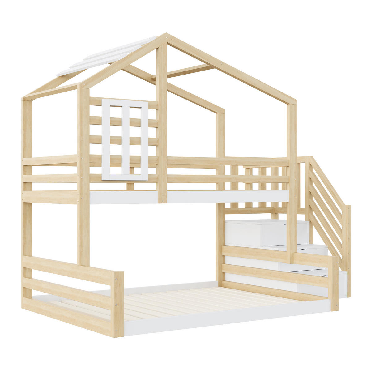 ETAGENBETT aus Kiefernholz und MDF Natur mit Stauraumtreppe, Hausdesign und Fenstern - Naturfarben, Holz (90/200cm) - IVMEU